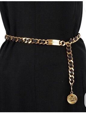 Inspired Black and Gold Chain-Link Waist Belt with Signature Coin